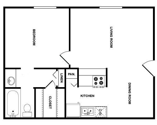 Floor plan for 1 bed, 1 bath, 553 sqft